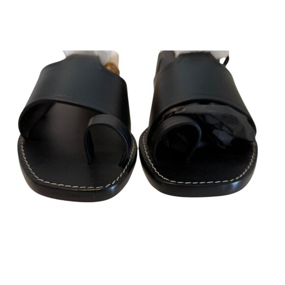 Sandro Noir Parma Flat Sandals Chain Ankle Black Leather Open Toe Size 5.5 INB - Picture 3 of 9